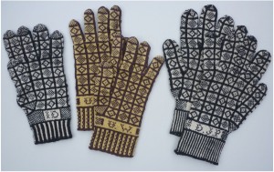 Three pairs of Sanquhar gloves in the ‘Duke’ pattern from the collection of the Knitting & Crochet Guild of the UK. Knitters unknown, circa 1960s-70s. Yarn: wool, 12 stitches and 14 rows/inch. (Photo: Angharad Thomas, courtesy Board of the KCG)