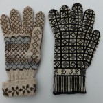 Shetland glove with Sanquhar glove, palms. [Sanquhar glove, collection of KCG, UK. Shetland glove, collection of Angharad Thomas]. (Photo: Angharad Thomas)